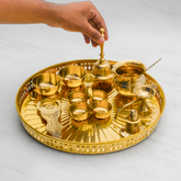 Pure Brass Pooja Thali Set of 10 | Set of 1 Thali, 1 Ghanti, 1 Pooja Aarti, 1 Pali, 2 Wati, 1 Kalash, 1 Chaumukha, 1 Incense Burner, and 1 Kapoor Aarti